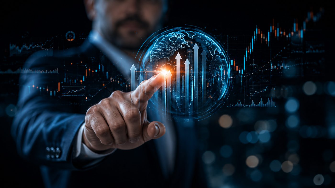 A businessman touching a glowing globe built from data points, surrounded by rising arrows and market charts.
