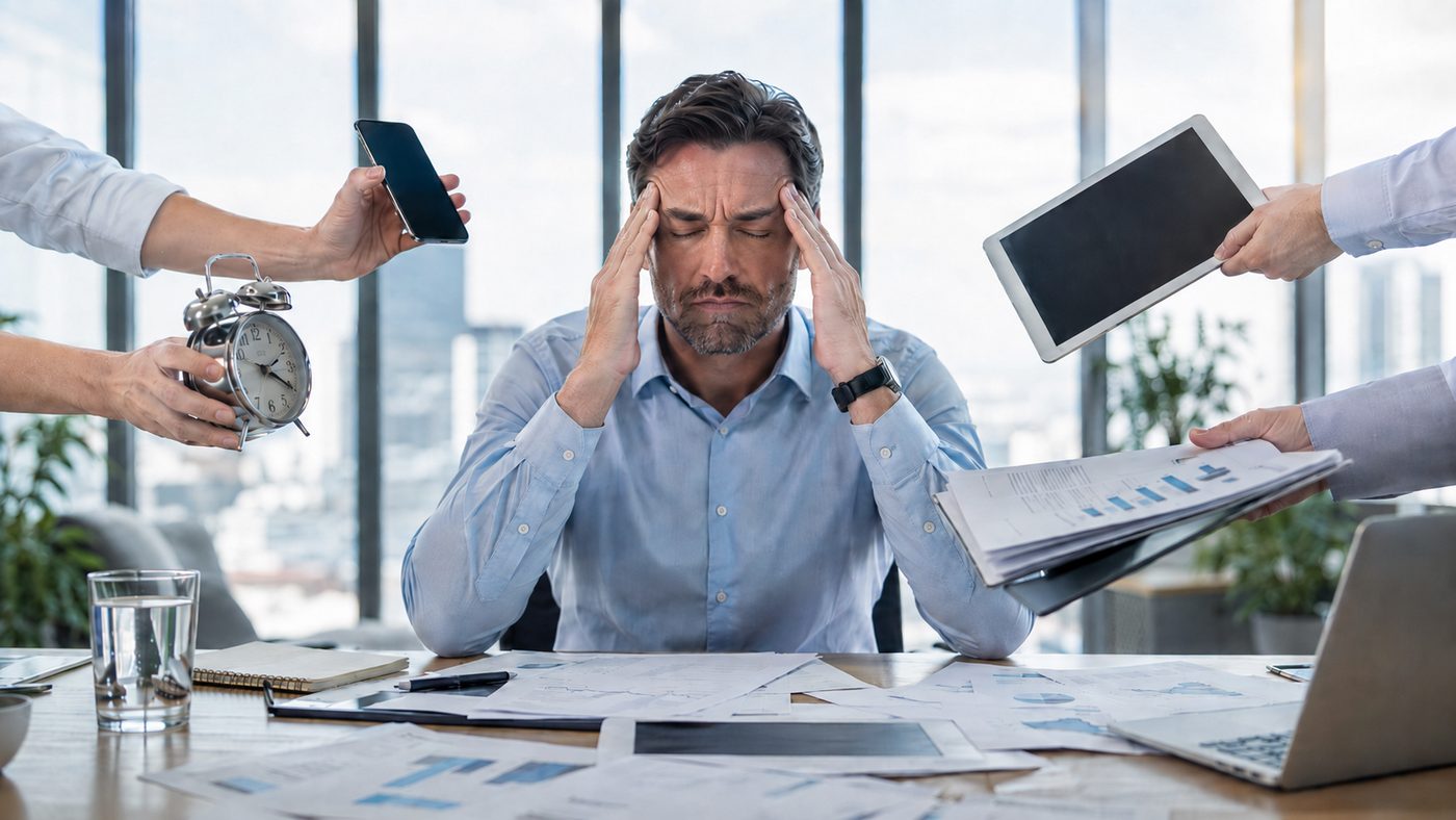 A business owner sits at a desk covered in paperwork while several people reach in holding a phone, a tablet, an alarm clock and a stack of reports.